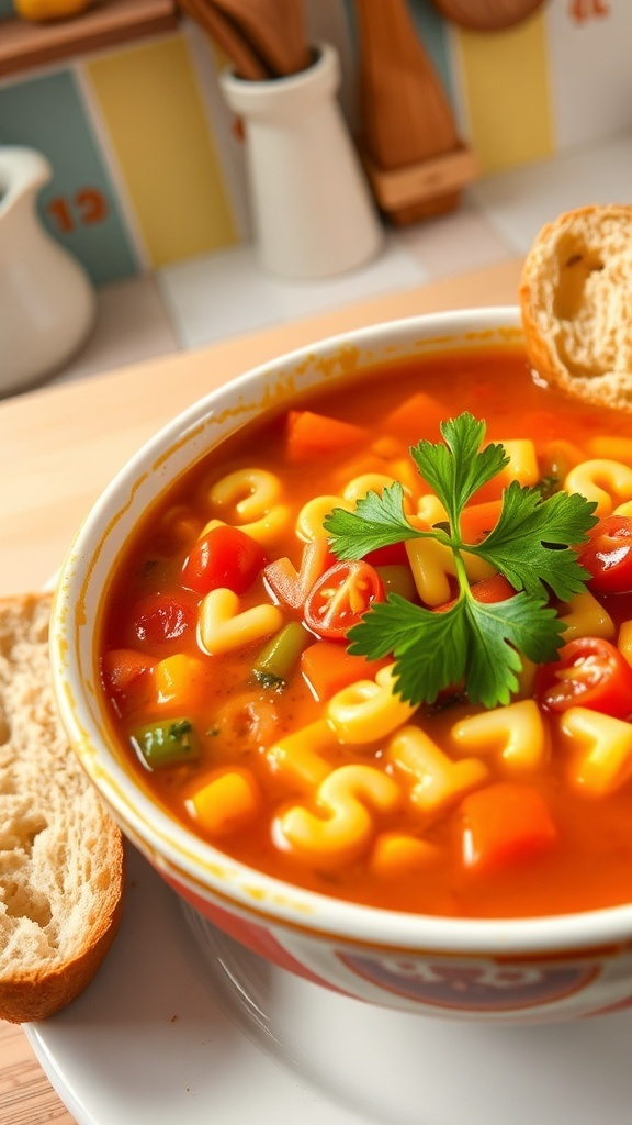 Sopa de Letras Soup Recipe A bowl of Sopa de Letras soup with letter-shaped pasta, tomatoes, and carrots, garnished with parsley, on a kitchen table with bread.